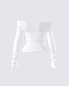 Nothing beats a chic and cozy look 🤍 Constructed from medium weight yarn fabric, featuring an off-shoulder design, a foldover top edge, and long sleeves - this white sweater top is a dream come true ☁️ White Coquette Sweater, Of The Shoulder Sweater, Shoulderless Sweater, White Off Shoulder Sweater, Off Shoulder Top Outfit, Long White Sweater, Coquette Sweater, Off The Shoulder Top Outfit, White Knitted Sweater