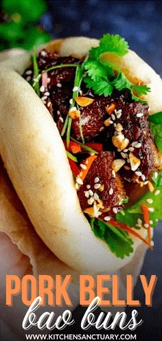 pork belly bao buns with lettuce, carrots and other toppings