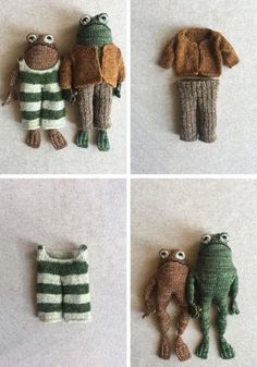 crocheted stuffed animals made to look like people wearing sweaters and pants with eyes