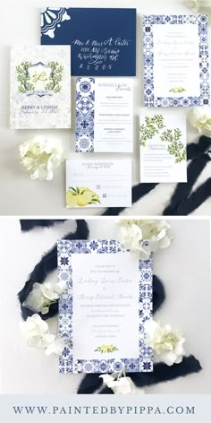 the wedding stationery was done in navy and white