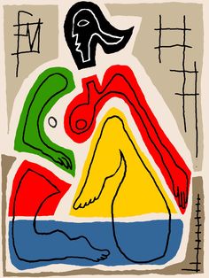 an abstract painting with lines and shapes in red, green, blue, yellow and black