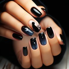 10 Cat-Themed Nail Designs That Are Purr-fectly Stylish Cat Nails Art, Black Cat Nails, Cat Nail Designs, Nails Minimalist, Cat Nail Art, Moon Nails, Purple Nail Designs, Acrylic Nail Kit, Blue Nail Designs