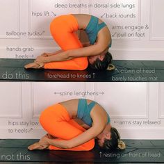 a woman in orange pants and blue top is doing yoga exercises with her hands on the ground