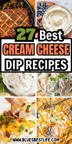 A collection of cream cheese dip recipes for parties. Corn Cream Cheese Dip, Easy Cream Cheese Appetizers, Appetizer Dip Recipes, Easy Cream Cheese Dip, Cream Cheese Dip Recipes, Philadelphia Cream Cheese Recipes, Dill Dip Recipes, Hot Spinach Dip