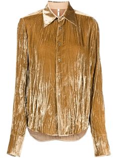 golden brown crushed velvet crinkled finish slim cut pointed flat collar front button fastening extra-long sleeves buttoned cuffs curved hem Pointed Flat Collar, Petar Petrov, Velvet Shirt, Flat Collar, Extra Long Sleeves, Crushed Velvet, Golden Brown, Extra Long, Fashion Branding