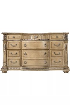 an antique style dresser with ornate carvings on the top and bottom drawers, in gold