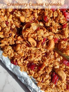 homemade granola with cranberries and cashews on top