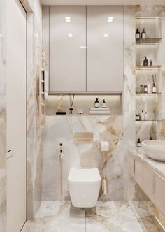 a white toilet sitting in a bathroom next to a sink