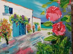 a painting of flowers in front of a house