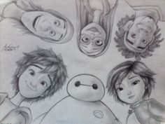 pencil drawing of the characters from inside out with their faces drawn in different styles and colors