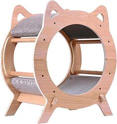 a wooden cat scratcher with grey carpet and metal trimmings on the sides