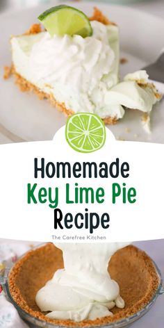 homemade key lime pie recipe on a white plate with the title overlay reads homemade key lime pie