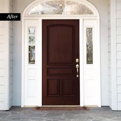 a front door is shown before and after remodeling with woodgrain