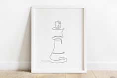 a black and white drawing of a chess piece on a wall next to a wooden floor