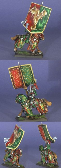 three different views of a green and red dragon figurine