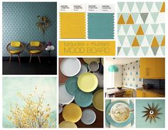 a collage of photos with different colors and patterns on the walls, including yellow chairs, blue wallpaper, white tablecloths, and gold accents