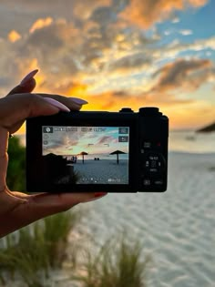 a person holding up a camera to take a photo on the beach at sunset with palm trees in the background