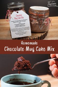 homemade chocolate mug cake mix in a mason jar with a spoon full of it and the recipe below