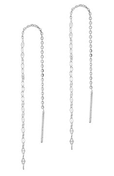 Simple chain lends contemporary charm to threader earrings shaped from bright sterling silver. 1.5" drop Thread-through style Sterling silver Imported White Gold Dangle Threader Earrings With Ear Wire, Dainty Silver Linear Earrings With Delicate Chain, Silver Threader Earrings With Adjustable Chain As Gift, Silver Teardrop Cable Chain Jewelry, Silver Teardrop Jewelry With Cable Chain, Silver Sterling Earrings With Delicate Chain, Dangle Threader Earrings With Cable Chain For Gift, Silver Linear Drop Earrings, Adjustable Nickel Free Silver Threader Earrings