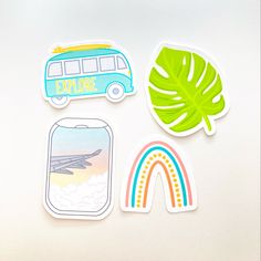 three stickers with an image of a bus, rainbows and a palm leaf