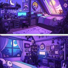 two different views of a bedroom with purple walls