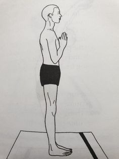 a drawing of a man standing on a scale with his hands clasped in front of him