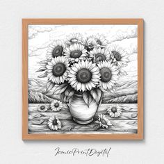 a black and white drawing of sunflowers in a vase on a table top