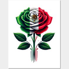 a red rose with the mexican flag painted on it's side and green leaves