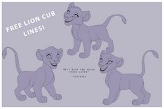 three cartoon lions with the words free lion cub lines on it's chest and back