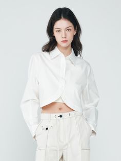 Composition : COTTON 44%NYLON 25%POLYESTER 27%SPAN 4%Country of Origin : Republic of Korea White Cropped Shirt For Fall, Elegant White Button-up Cropped Shirt, White Button-up Cropped Shirt For Fall, White Long Sleeve Cropped Shirt For Fall, Chic White Long Sleeve Cropped Shirt, White Cropped Shirt For Spring, White Fitted Cropped Shirt For Fall, Chic White Cropped Shirt, Chic White Cropped Shirt For Office