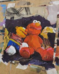 an oil painting of a teddy bear and other items on a piece of cardboard paper