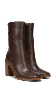 A block heel elevates the profile of a streamlined leather bootie finished with a squared off toe. Style Name:Franco Sarto Stevie Bootie (Women). Style Number: 6122798. Franco Sarto Boots, Famous Footwear, Franco Sarto Shoes, Dark Brown Leather, Spring Shoes