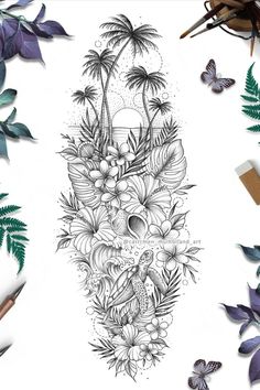 a drawing of flowers and plants with butterflies around the border on a white paper background