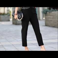 Stretch Dress Pants With Side Pockets Elastic Back Waist Band In Heavy Fabric. Black Office Lady Bottoms For Spring, Black Spring Office Bottoms, Black Spring Bottoms For Office, Black Ankle-length Dress Pants For Business Casual, Black Casual Bottoms For Office Wear, Casual Black Bottoms For Office Wear, Trendy Black Dress Pants For Work, Trendy Black Dress Pants For Night Out, Elegant Black Dress Pants For Office