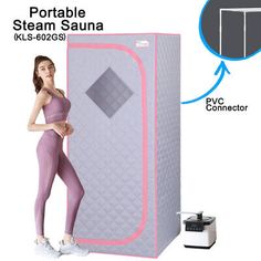 a woman standing next to a portable steam sauna in front of a white background