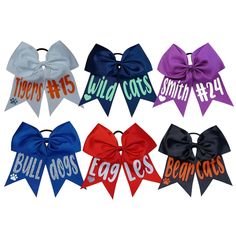 "Perfect for cheering on any team or school, including your favorite sports team, football, baseball, softball, t-ball, elementary mascots, spirit days, and so much more! Customize ribbon color and vinyl color About 6-7\" Made with high quality grosgrain ribbon and iron on vinyl On elastic hair tie Perfect for ages 3+ Include in personalization the color vinyl for letters and accent. Include if you prefer glitter or matte. If no accent color is listed in personalization, it will be made to match High School Hairstyles, Leather Hair Accessories, Hair Ties Diy, School Hair Bows, T Ball, Team Fundraiser, Bow Light, Personalized Bow, Tie Crafts