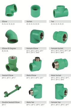 various types of pipe fittings are shown in this diagram, with the names and description below