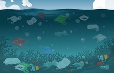 an underwater scene with plastic trash floating in the ocean