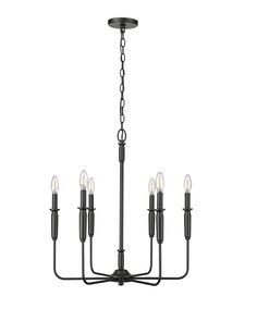 a black chandelier with five lights hanging from it's center and four arms