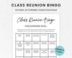 the printable class reunion bingo game