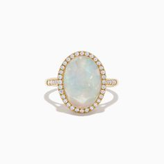 Effy 14K Yellow Gold Opal and Diamond Ring Oval Multi-stone 14k Gold Diamond Ring, Oval 14k Gold Multi-stone Diamond Ring, Oval Multi-stone Halo Ring, Oval Multi-stone Diamond Ring In 14k Gold, 14k Gold Opal Ring With Halo Setting, 14k Yellow Gold Moonstone Ring With Center Stone, Oval Stamped 14k Halo Ring Fine Jewelry, Oval Halo Ring Stamped 14k Fine Jewelry, Oval Opal Ring With Halo Setting In 14k Gold