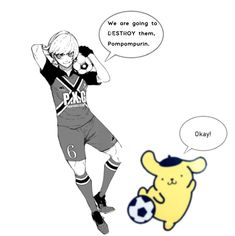 an image of a cartoon character kicking a soccer ball next to a pikachu