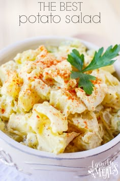 the best potato salad is in a white bowl