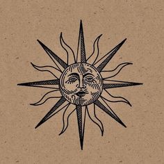 a drawing of a sun with a face on it's side, in black ink