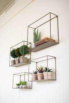 three metal shelves with plants and books hanging on the wall next to a white wall