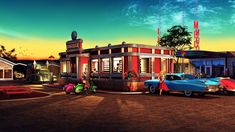 two cars are parked in front of a small restaurant at dusk with people walking by