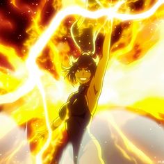 an anime character is holding her arms up in the air with fire behind her and flames around her