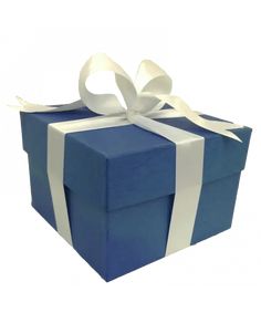 a blue gift box with a white ribbon on it's side and a bow at the top