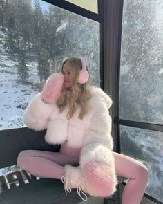 Pink Snow Outfits For Women, Two Braids Outfit Winter, Snow Angel Outfit, White And Pink Winter Outfit, Winterwonder Land Outfits, Pink Ski Aesthetic, Pink Cold Weather Outfit, Winter Clothes Aesthetic Snow, Snow Bunny Aesthetic Outfits