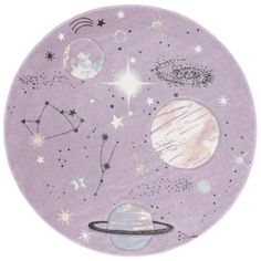 a purple rug with planets and stars on it